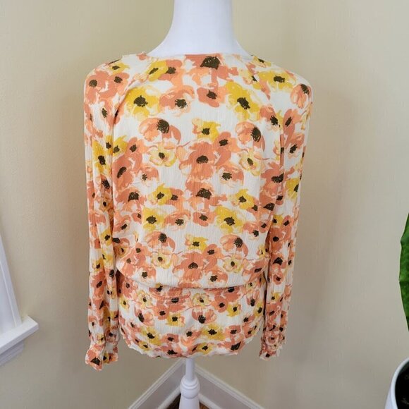 Downeast Blouse Long Sleeve Ivory Orange Yellow Floral Boho Shirt Womens Size L - Picture 4 of 9